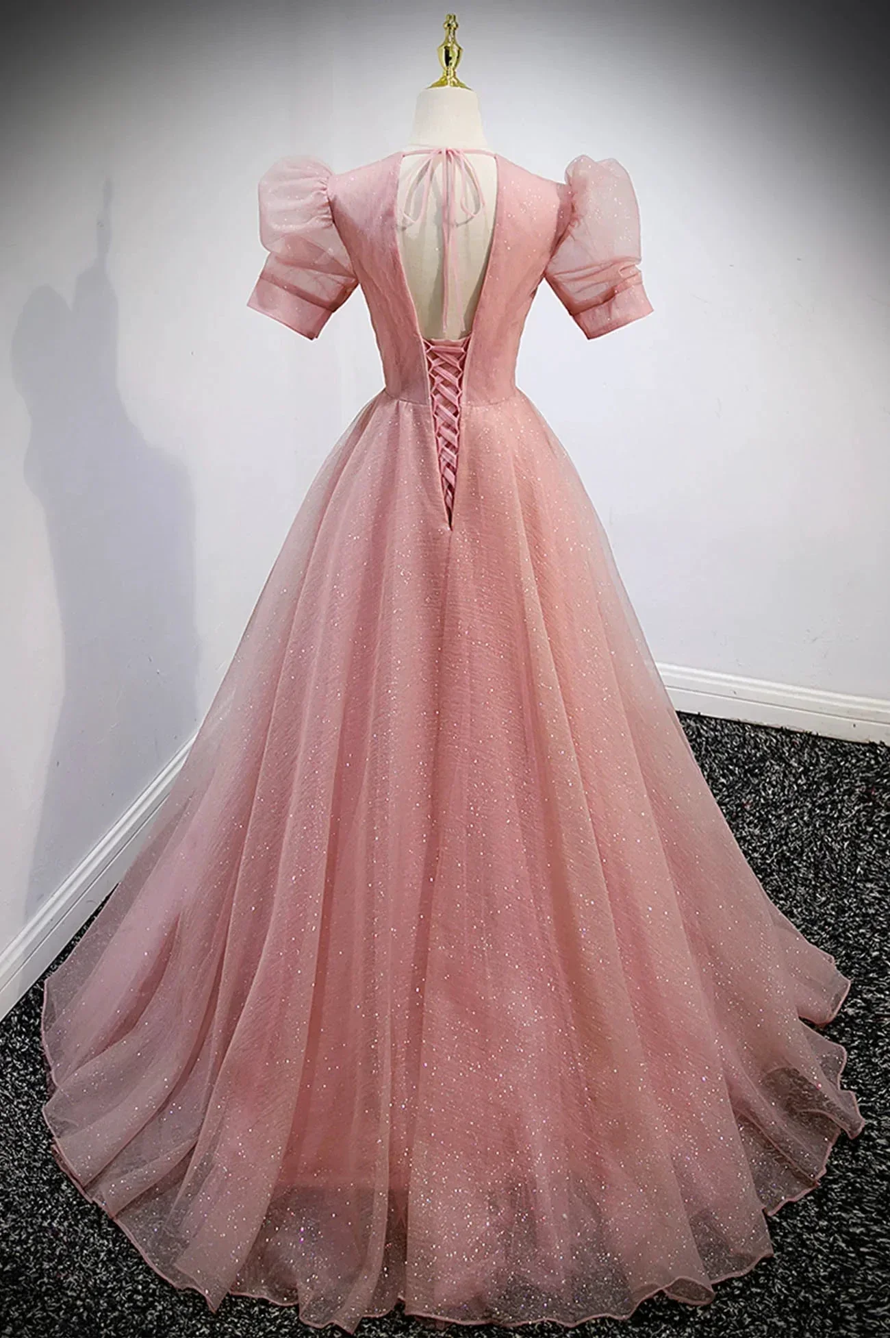 Pink V-Neck Tulle Long Prom Dresses A-Line Short Sleeve Evening Dresses Y892 - Image 3
