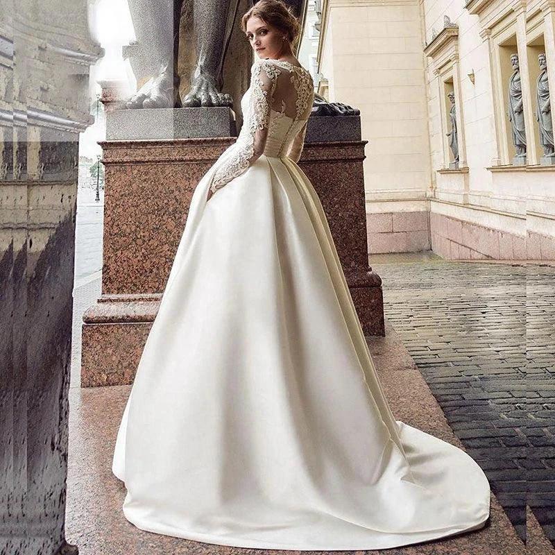 Pleat Satin Wedding Dresses 2023 Lace Appliques Sweep Train Long Sleeve Neck Formal Occasion Bridal dress robe de mariée - Image 2