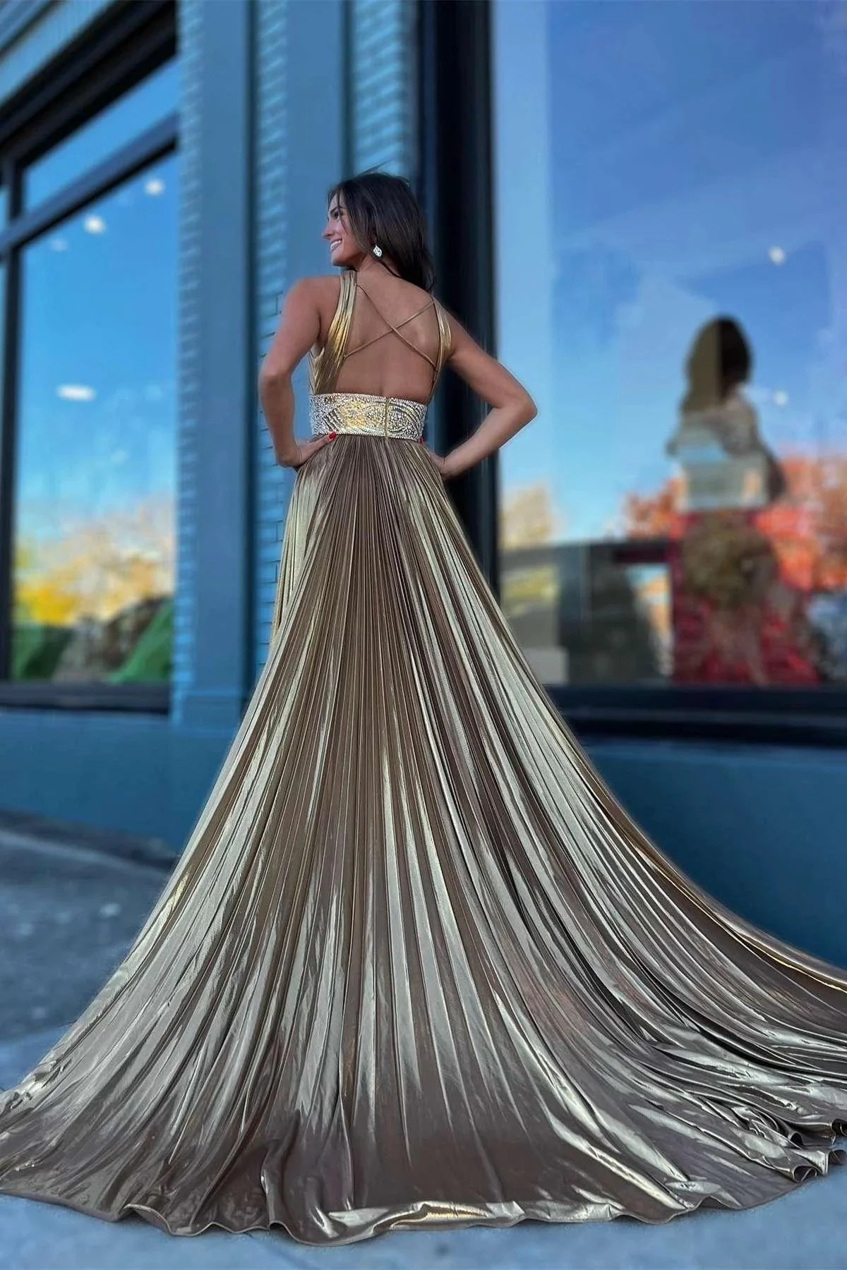 Macy | Pleated Criss Cross Straps Metallic Long Prom Dress - Image 2