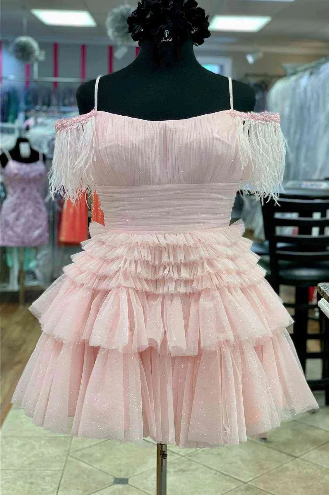 Pleated Hot Pink Cold Sleeves Tiered Tulle Party Dress Short Homecoming Dress Y1955 - Image 2