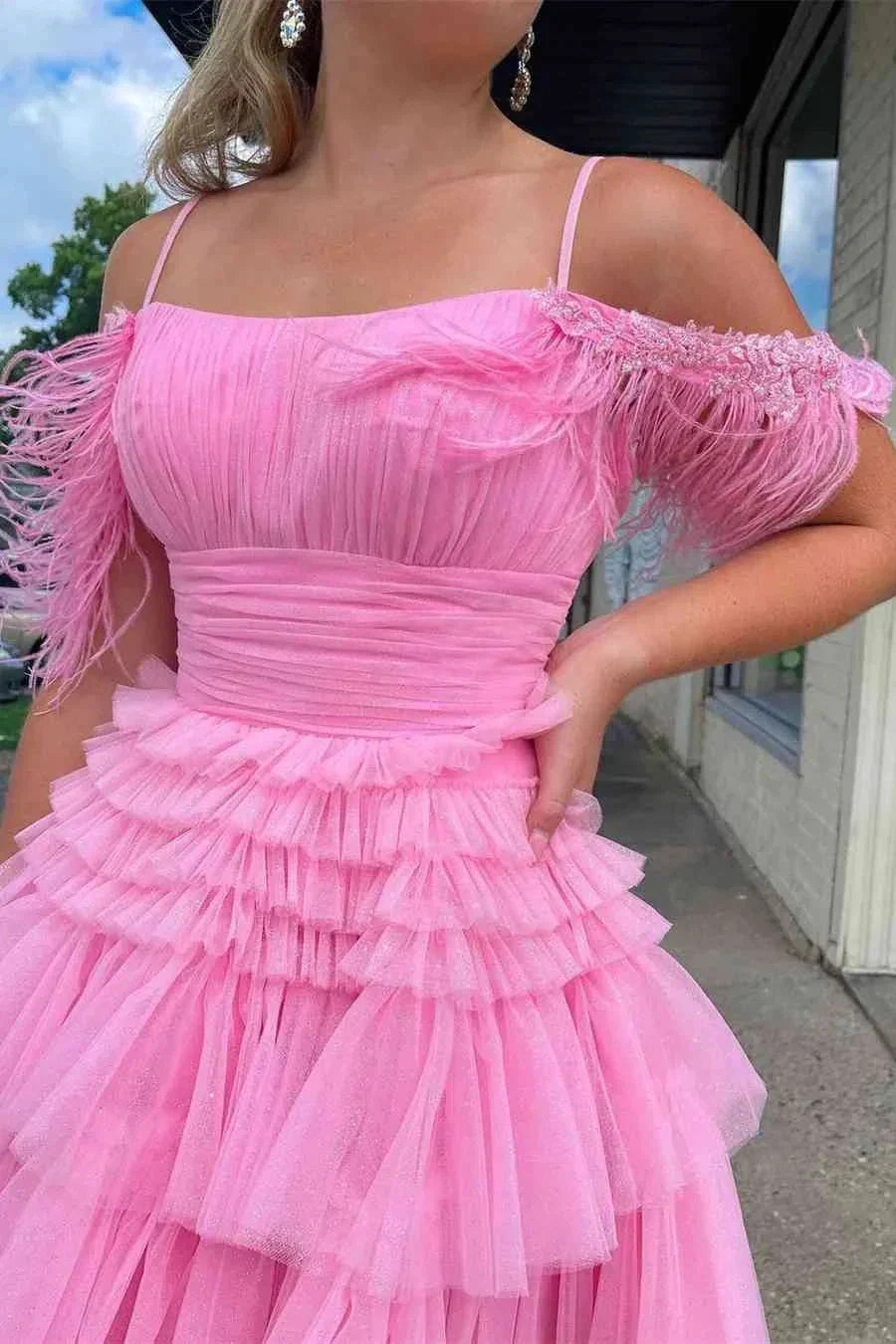 Pleated Hot Pink Cold Sleeves Tiered Tulle Party Dress Short Homecoming Dress Y1955 - Image 3