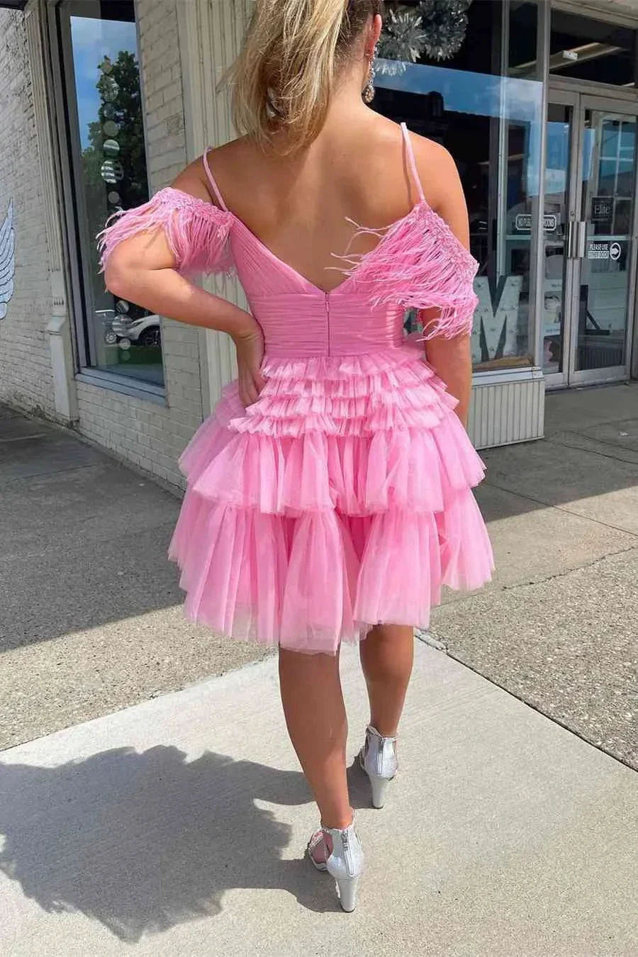 Pleated Hot Pink Cold Sleeves Tiered Tulle Party Dress Short Homecoming Dress Y1955 - Image 4