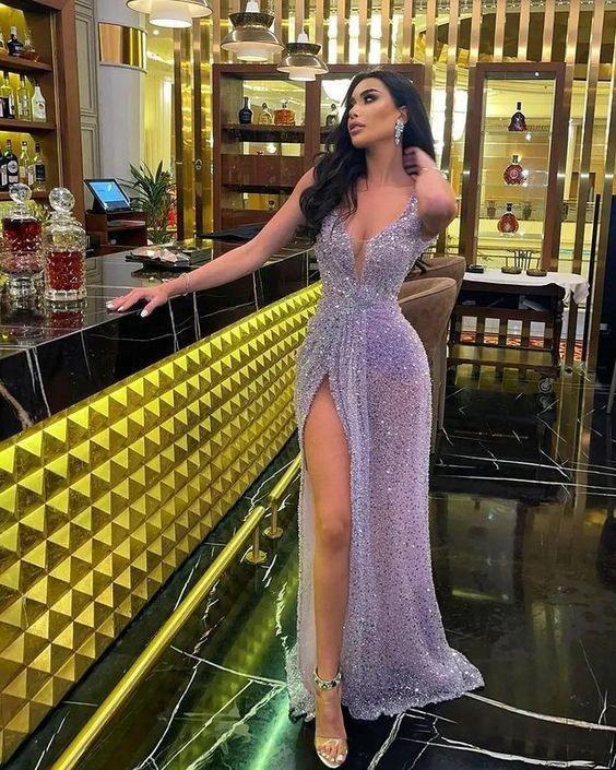 Plunge V Neck Sequins Long Evening Dress Sexy Prom Dress  Y47 - Image 2