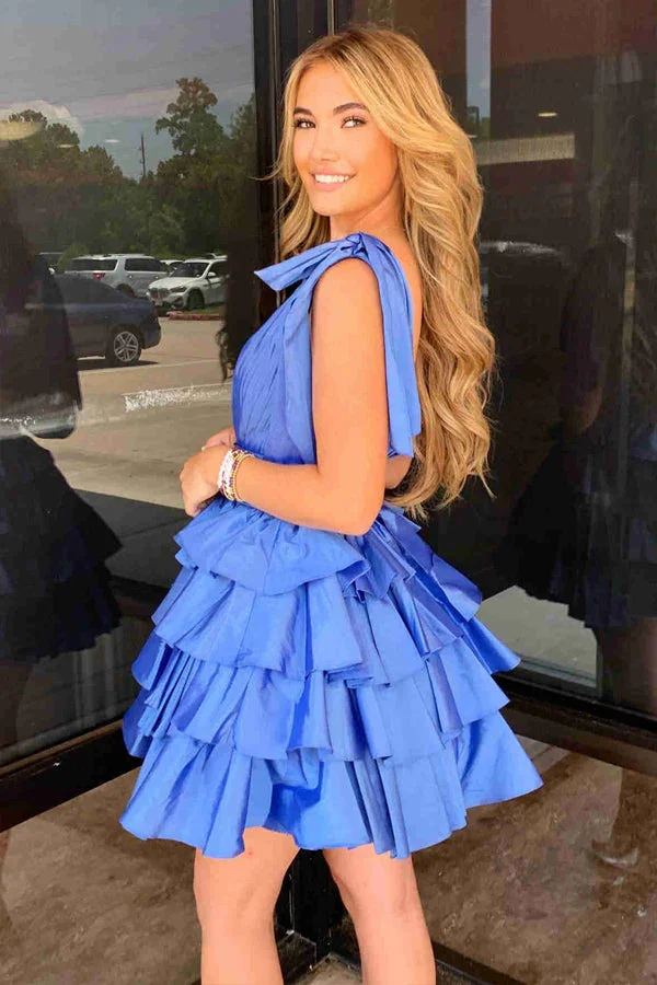 Plunging Neck Bow Sleeves Tiered Blue Homecoming Dress PD511 - Image 3