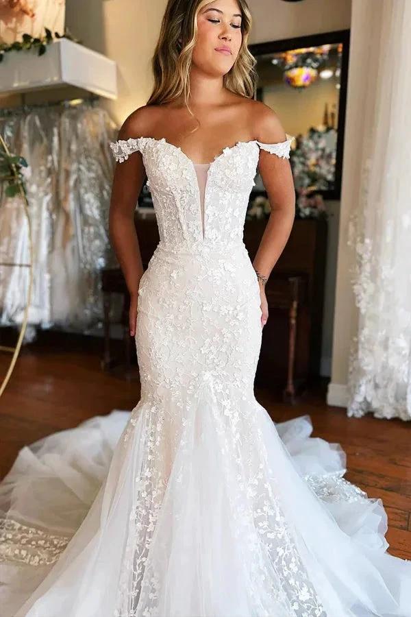 Plunging Neckline Ivory Off-the-Shoulder Mermaid Wedding Dress WD708 - Image 3