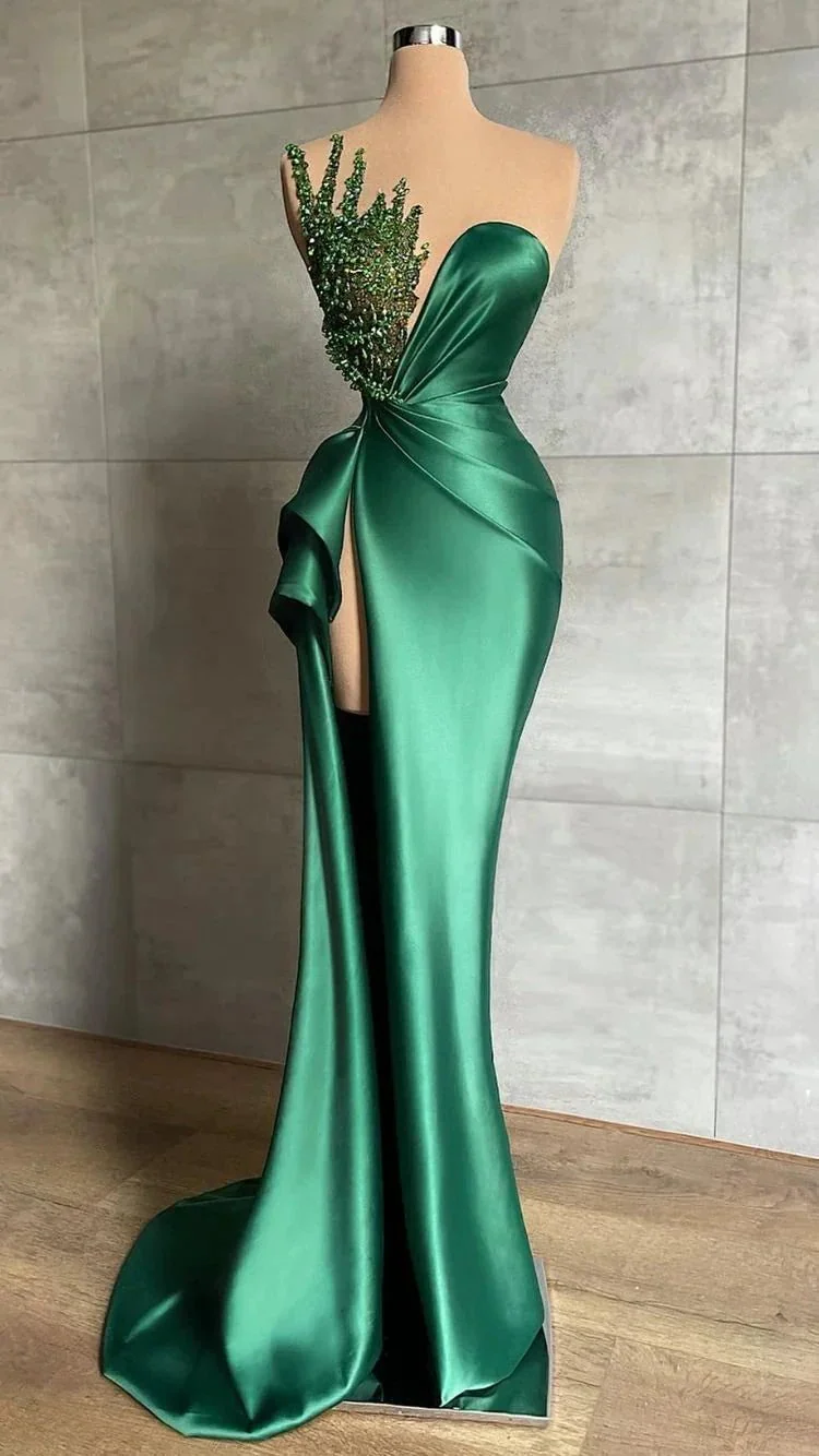 Plunging V-Neck Beads Long Formal Evening Dress Emerald Green Evening Gown High Split Y596 - Image 2