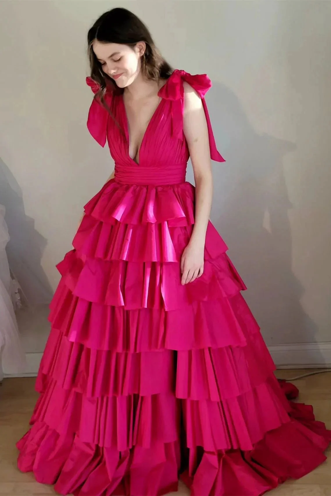 Renee | Plunging V-Neck Fuchsia Bow Straps Ruffle Ball Gown - Image 2