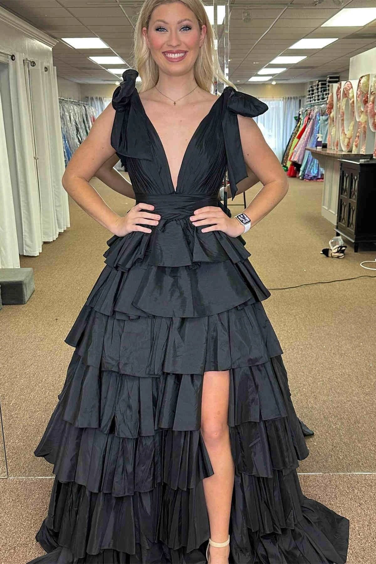 Renee | Plunging V-Neck Fuchsia Bow Straps Ruffle Ball Gown - Image 3
