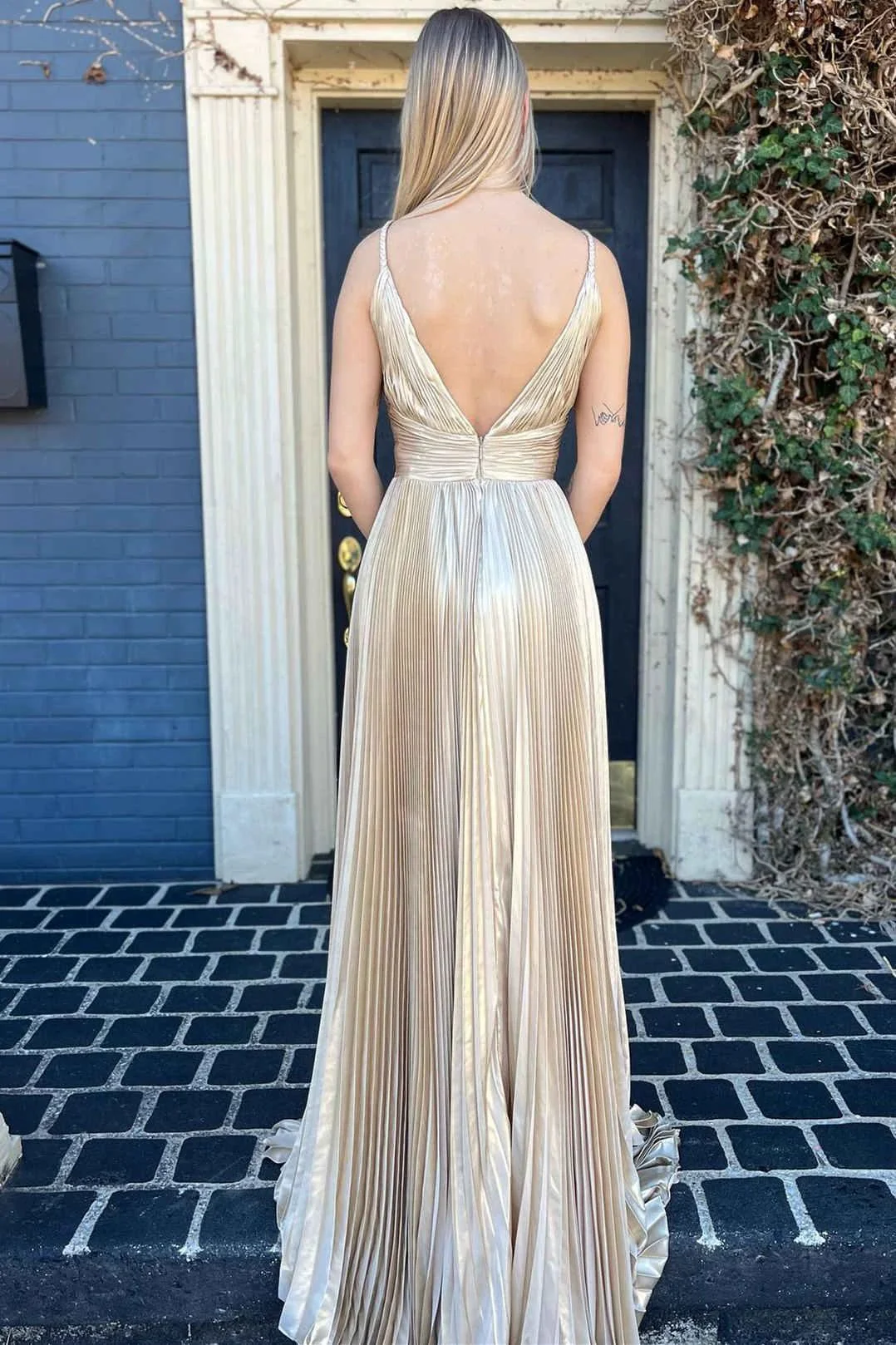Barbara | Plunging V-Neck Gold Pleated Long Prom Dress - Image 2