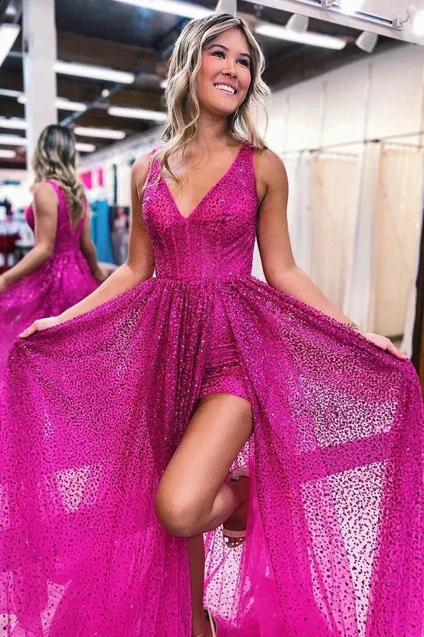 Plunging V-Neck High Split Sequins Sparkly Prom Dress Formal Evening Dress Y1905 - Image 2