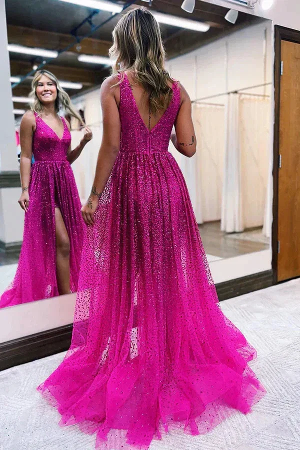 Plunging V-Neck High Split Sequins Sparkly Prom Dress Formal Evening Dress Y1905 - Image 3