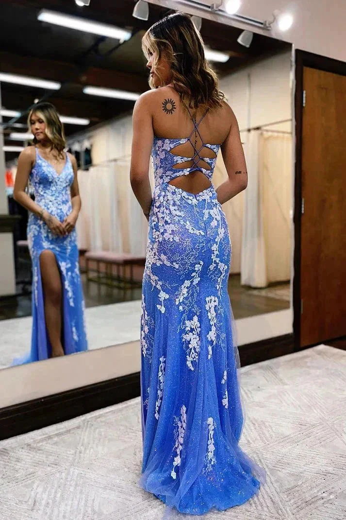 Plunging V-neck Lace Appliques Mermaid Prom Dress With Slit  PSK441 - Image 3