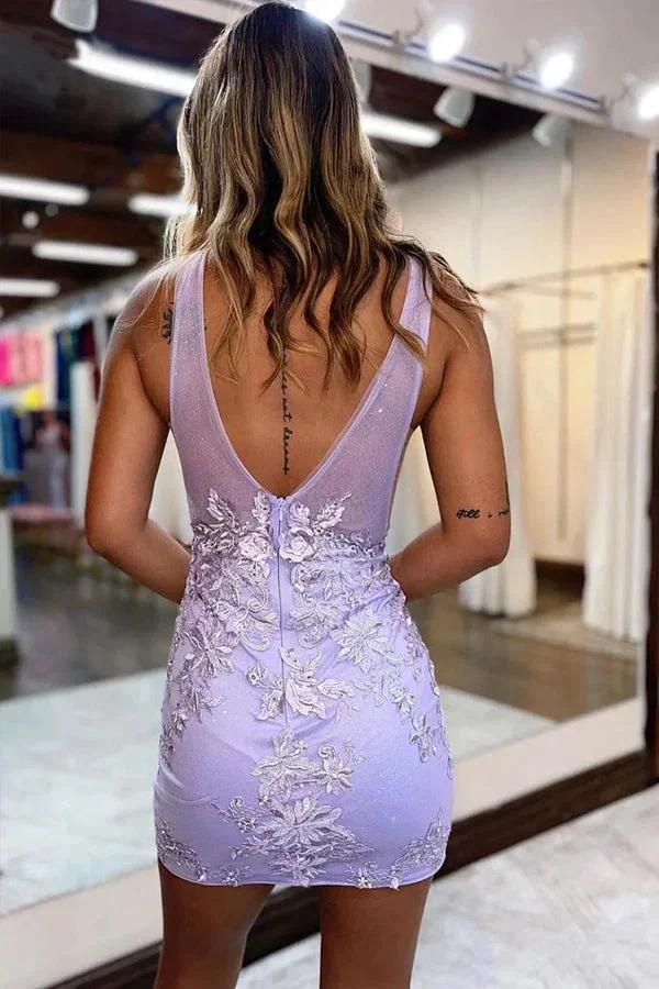 Plunging V-Neck Lavender Straps Appliques Illusion Homecoming Dress PD470 - Image 3