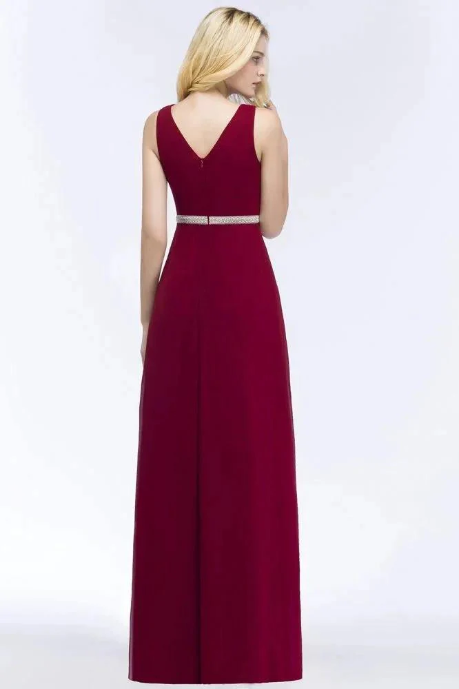 Plus Size A-line V-neck Long Sleeveless Ruffled Chiffon Bridesmaid Dresses with Beading Sash - Image 2