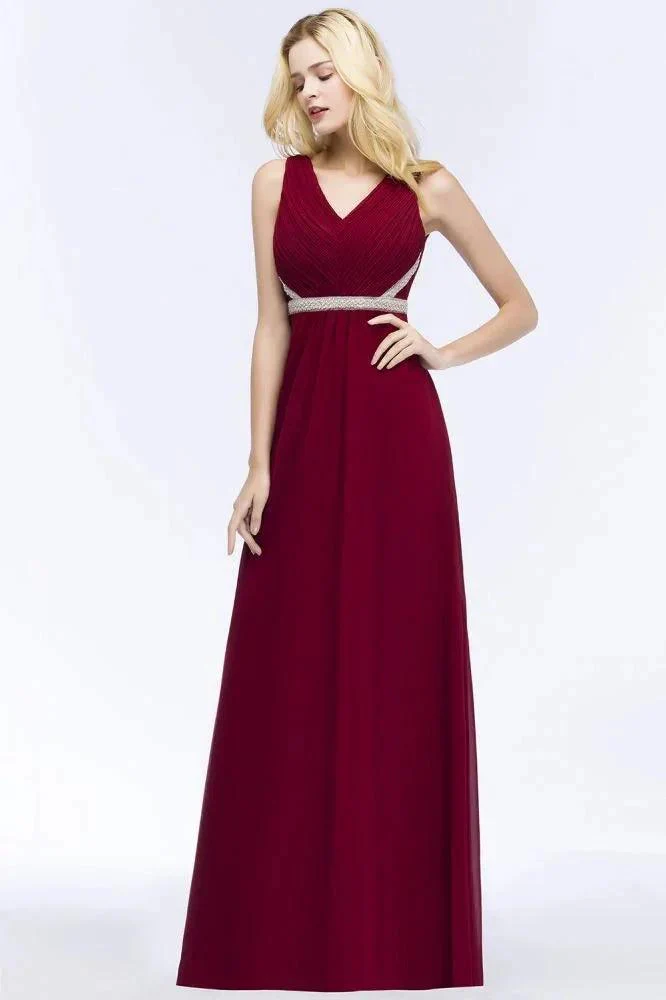 Plus Size A-line V-neck Long Sleeveless Ruffled Chiffon Bridesmaid Dresses with Beading Sash - Image 3