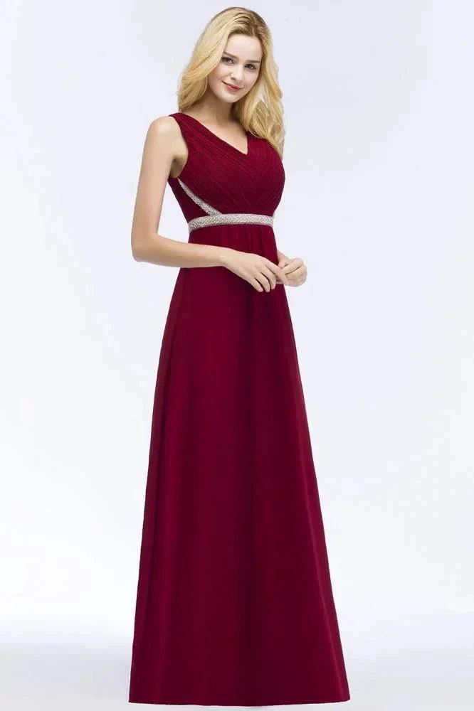 Plus Size A-line V-neck Long Sleeveless Ruffled Chiffon Bridesmaid Dresses with Beading Sash - Image 4