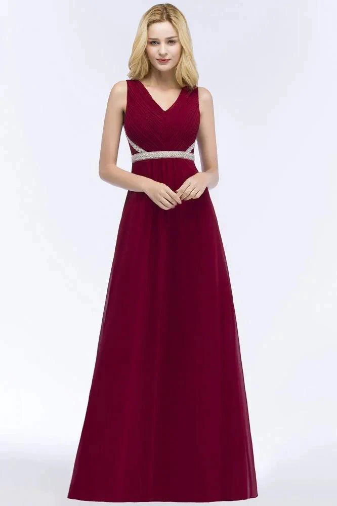Plus Size A-line V-neck Long Sleeveless Ruffled Chiffon Bridesmaid Dresses with Beading Sash - Image 5