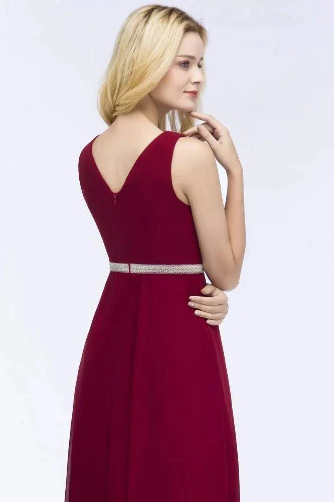 Plus Size A-line V-neck Long Sleeveless Ruffled Chiffon Bridesmaid Dresses with Beading Sash - Image 6