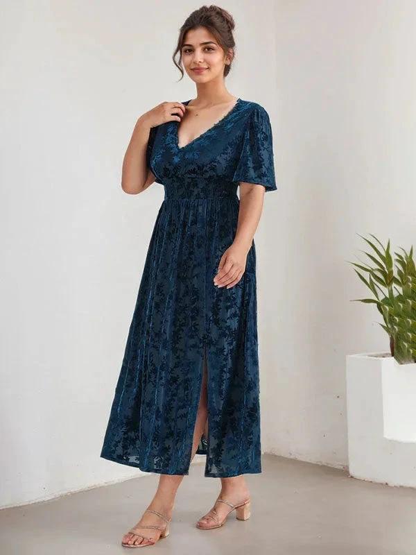 Plus Size A-Line V-Neck Velvet Tea-Length Mother of the Bride Dress - Image 2