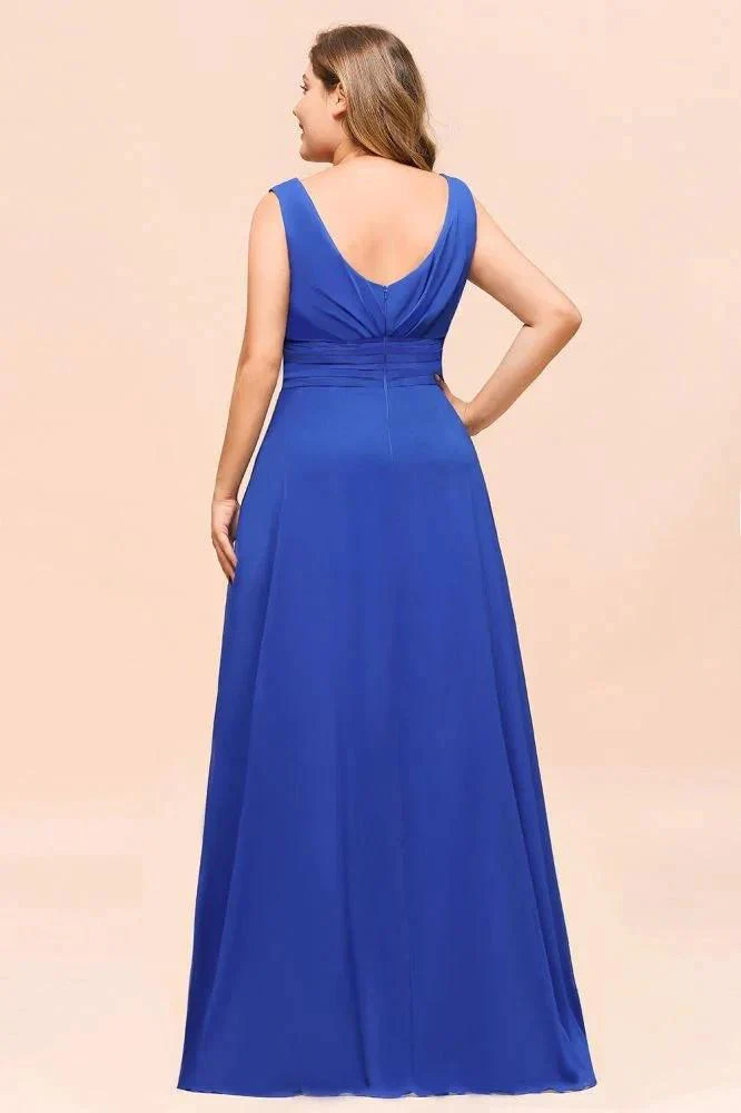 Plus Size Chiffon Sleeveless Royal Blue Bridesmaid  Dress V-neck Simple Wedding Dress - Image 2