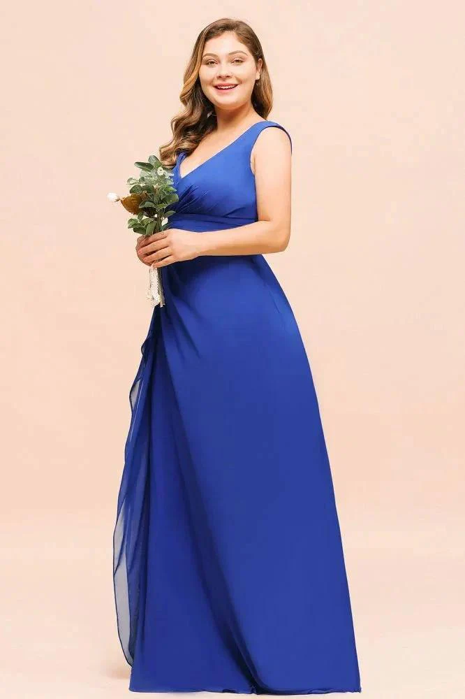 Plus Size Chiffon Sleeveless Royal Blue Bridesmaid  Dress V-neck Simple Wedding Dress - Image 3