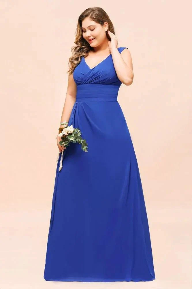 Plus Size Chiffon Sleeveless Royal Blue Bridesmaid  Dress V-neck Simple Wedding Dress - Image 4