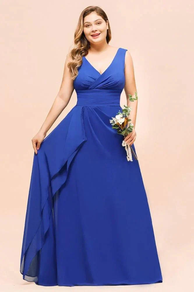 Plus Size Chiffon Sleeveless Royal Blue Bridesmaid  Dress V-neck Simple Wedding Dress - Image 5