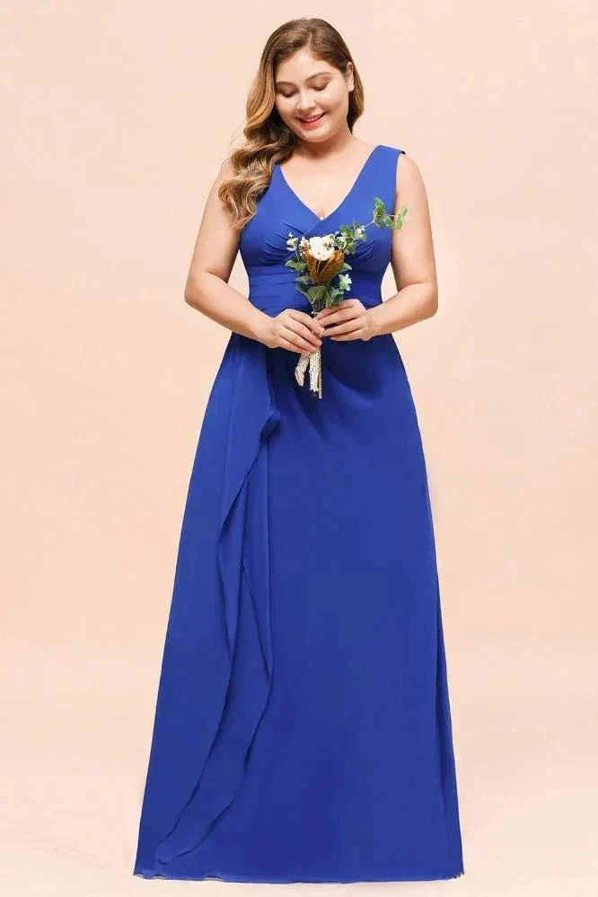 Plus Size Chiffon Sleeveless Royal Blue Bridesmaid  Dress V-neck Simple Wedding Dress - Image 6