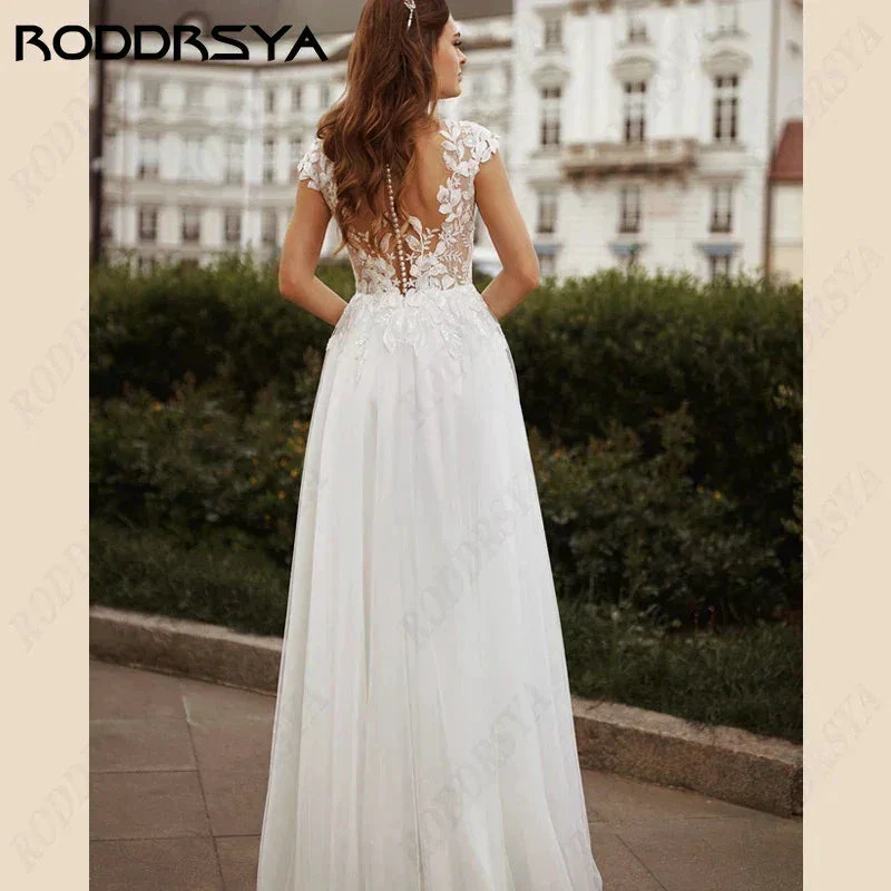 Plus Size Lace Appliques Wedding Dresses Simple Sleeveless Flowers Sweep Bride Party Tulle Beach Civil Bridal Gowns - Image 2