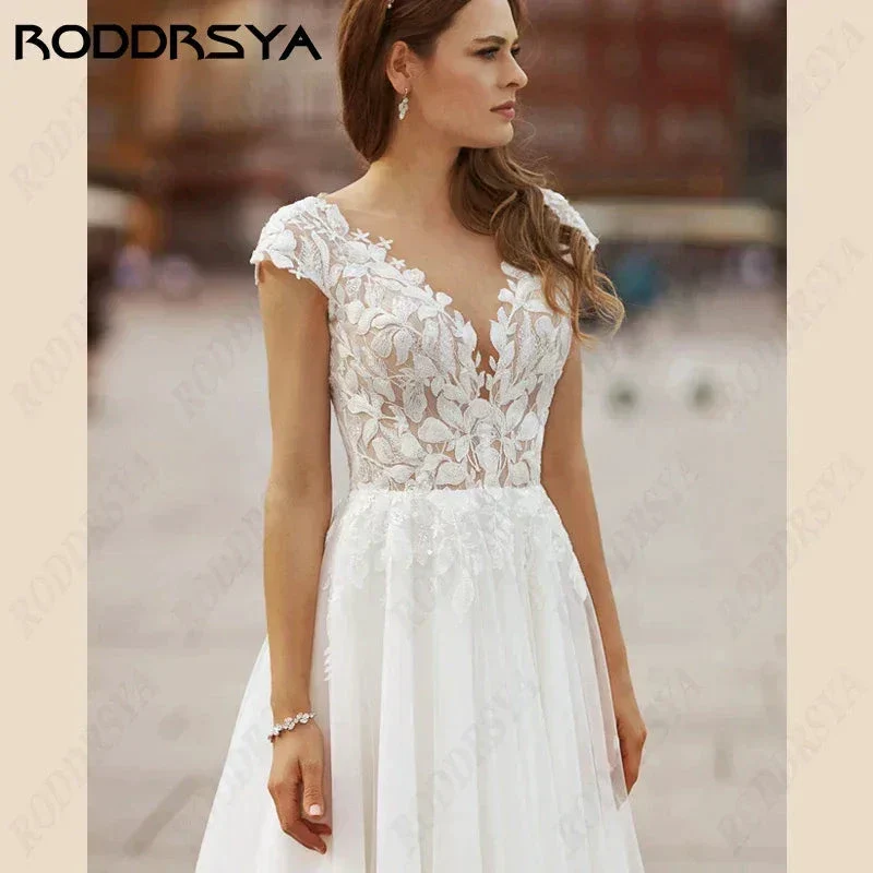 Plus Size Lace Appliques Wedding Dresses Simple Sleeveless Flowers Sweep Bride Party Tulle Beach Civil Bridal Gowns - Image 3