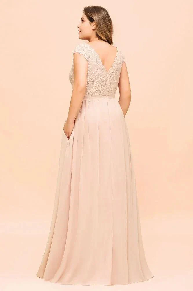 Plus Size Lace Pearl Pink Bridesmaid Dress Short Sleeves Side Split Wedding Party Dress - Image 2