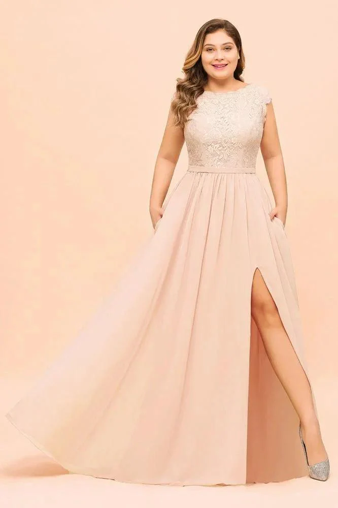Plus Size Lace Pearl Pink Bridesmaid Dress Short Sleeves Side Split Wedding Party Dress - Image 3