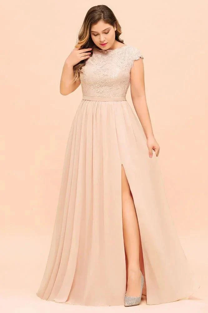 Plus Size Lace Pearl Pink Bridesmaid Dress Short Sleeves Side Split Wedding Party Dress - Image 4
