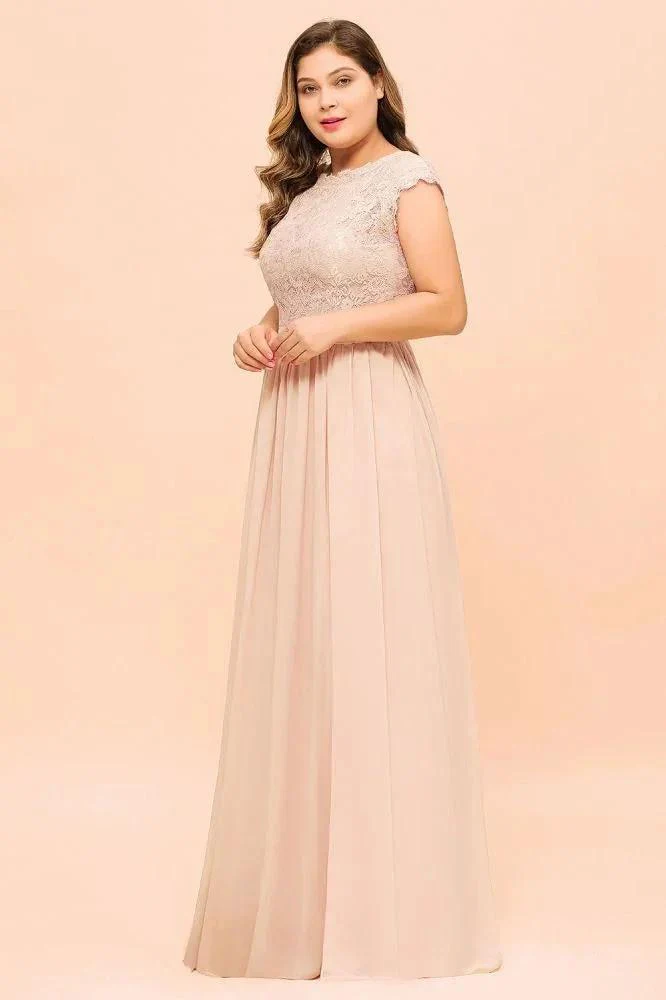 Plus Size Lace Pearl Pink Bridesmaid Dress Short Sleeves Side Split Wedding Party Dress - Image 5
