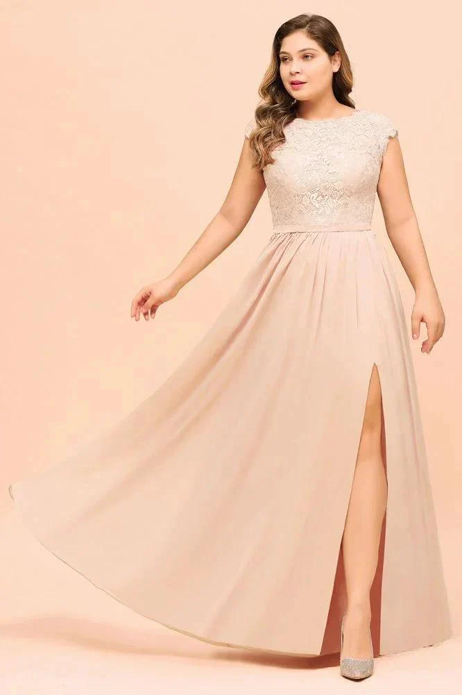 Plus Size Lace Pearl Pink Bridesmaid Dress Short Sleeves Side Split Wedding Party Dress - Image 6