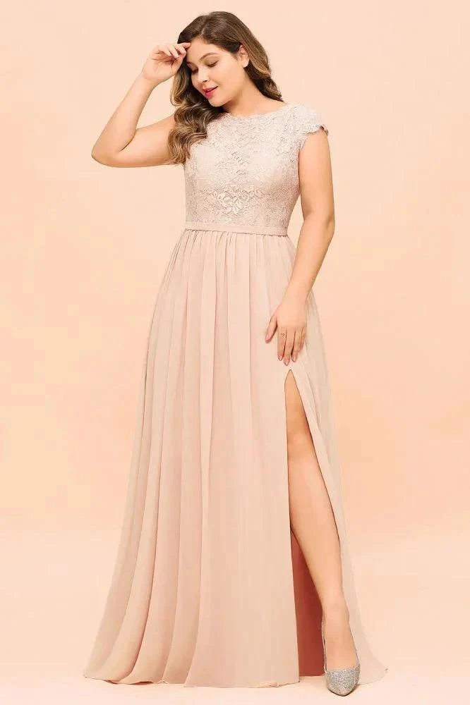 Plus Size Lace Pearl Pink Bridesmaid Dress Short Sleeves Side Split Wedding Party Dress - Image 7