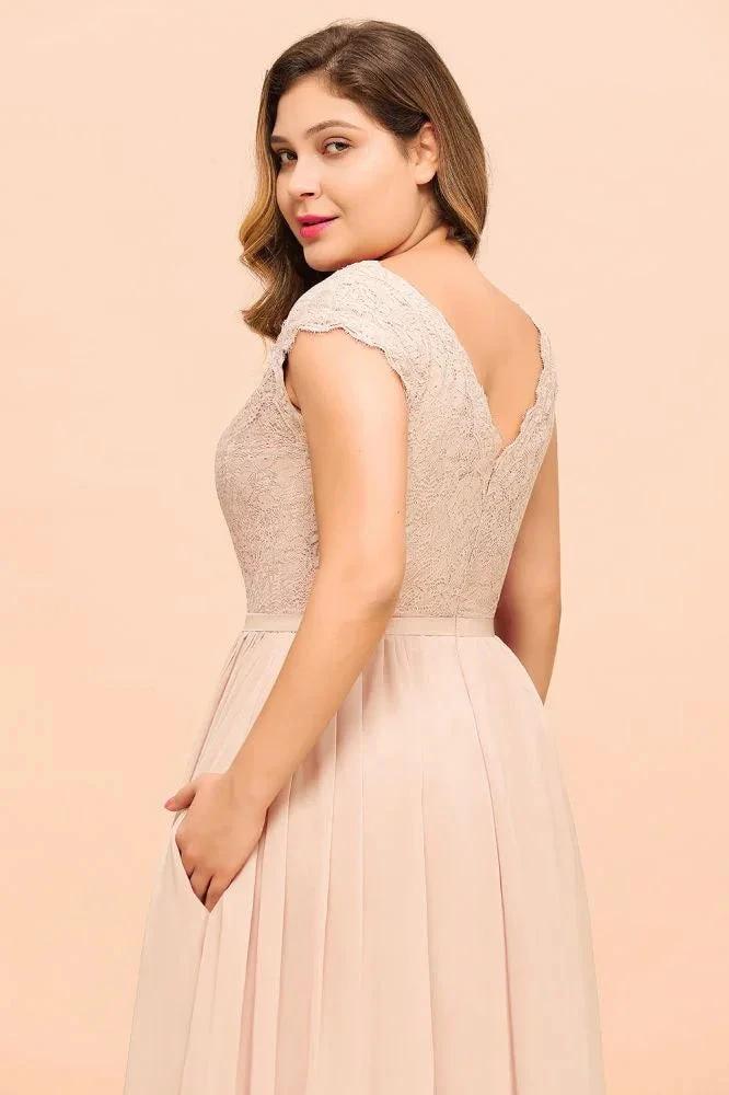 Plus Size Lace Pearl Pink Bridesmaid Dress Short Sleeves Side Split Wedding Party Dress - Image 8