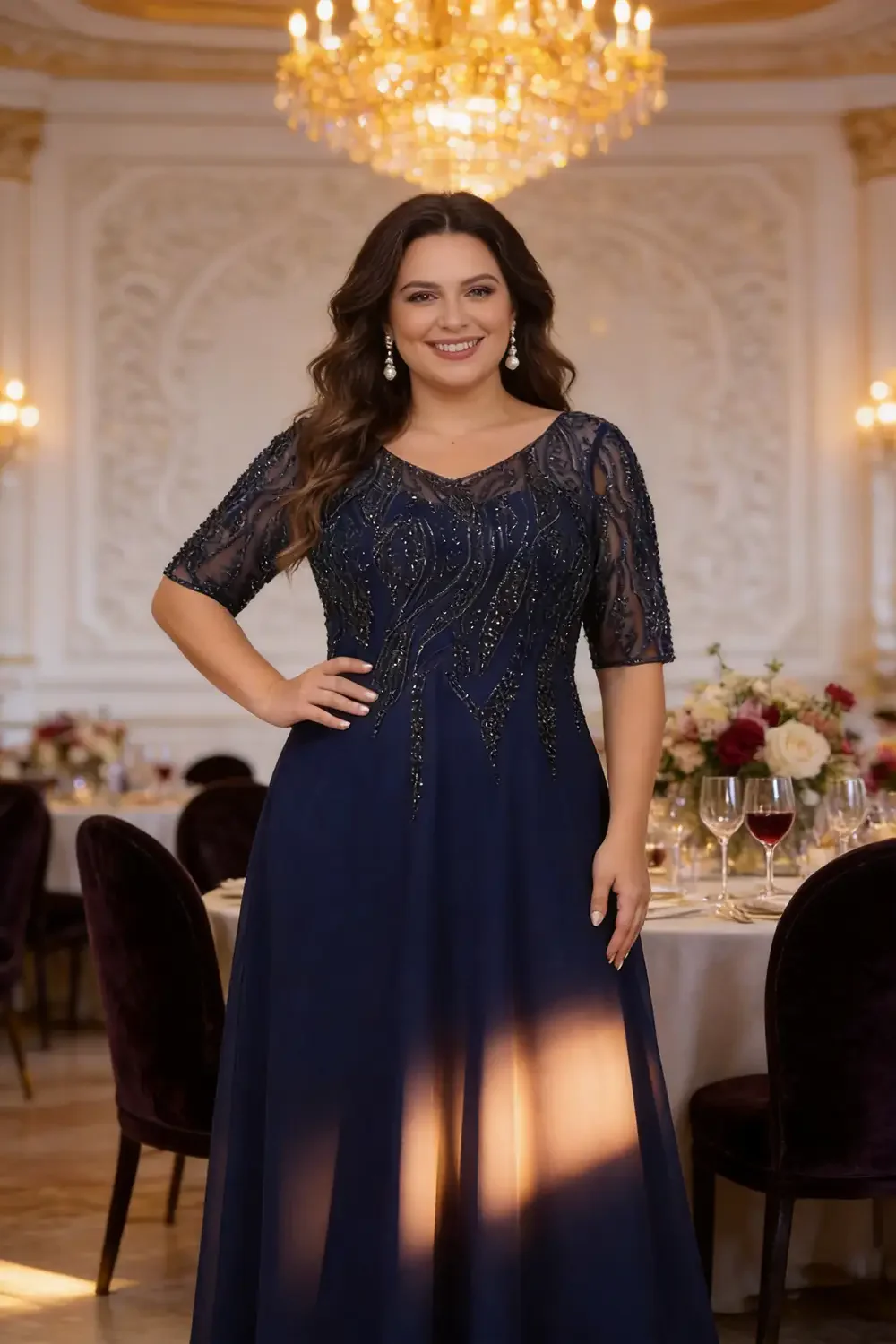 Plus Size Navy Blue Beaded Chiffon Formal Gown For Mother Of The Bride - Image 3