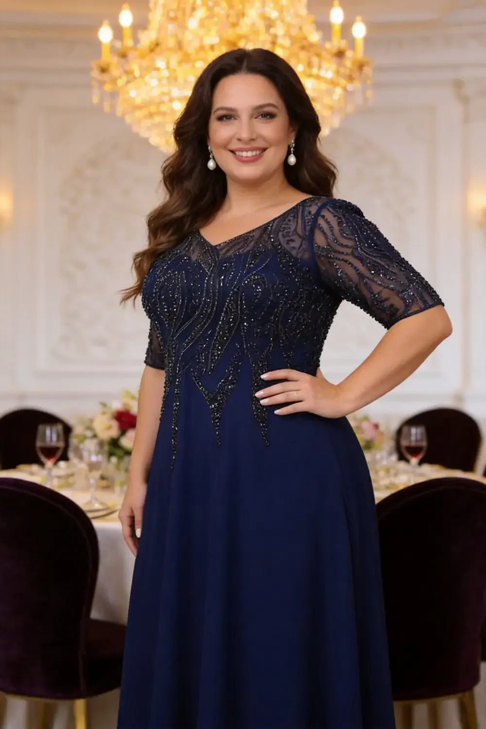 Plus Size Navy Blue Beaded Chiffon Formal Gown For Mother Of The Bride - Image 4