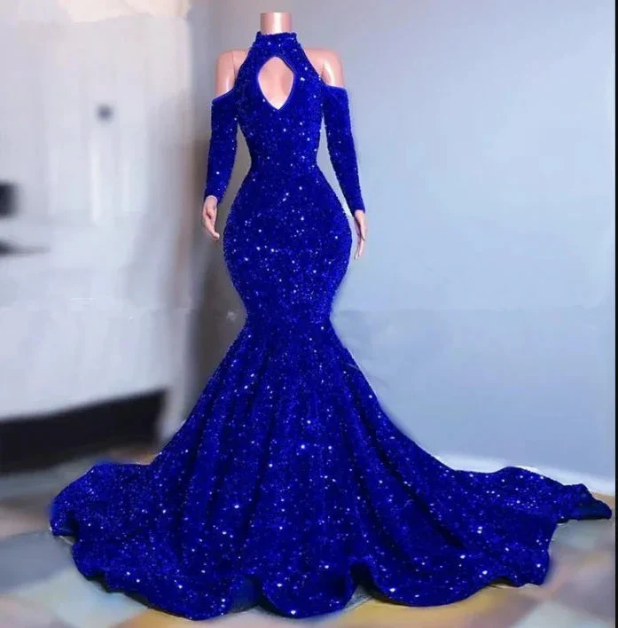 Plus Size Royal Blue Sparkly Sequins Prom Dresses Long Sleeves Mermaid Evening Gowns Elegant Off Shoulder Women Formal Dress Y1271 - Image 2