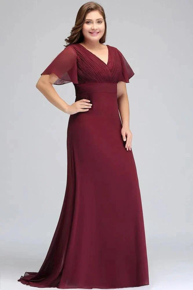 Plus size V-neck Mermaid Floor Length Short Sleeves Burgundy Evening Dresses with Sash - Image 2