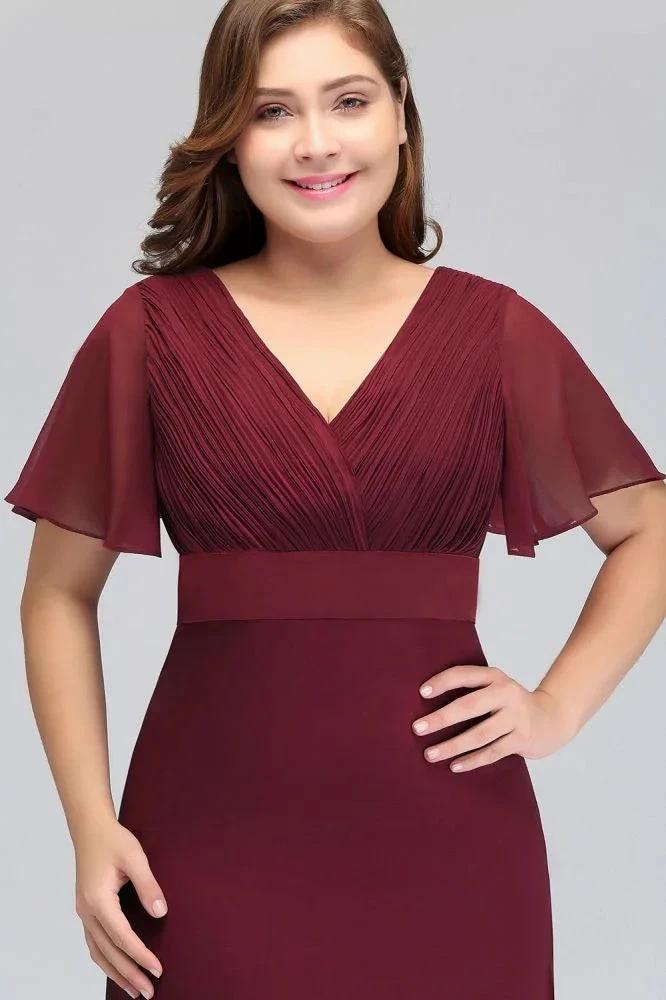 Plus size V-neck Mermaid Floor Length Short Sleeves Burgundy Evening Dresses with Sash - Image 3