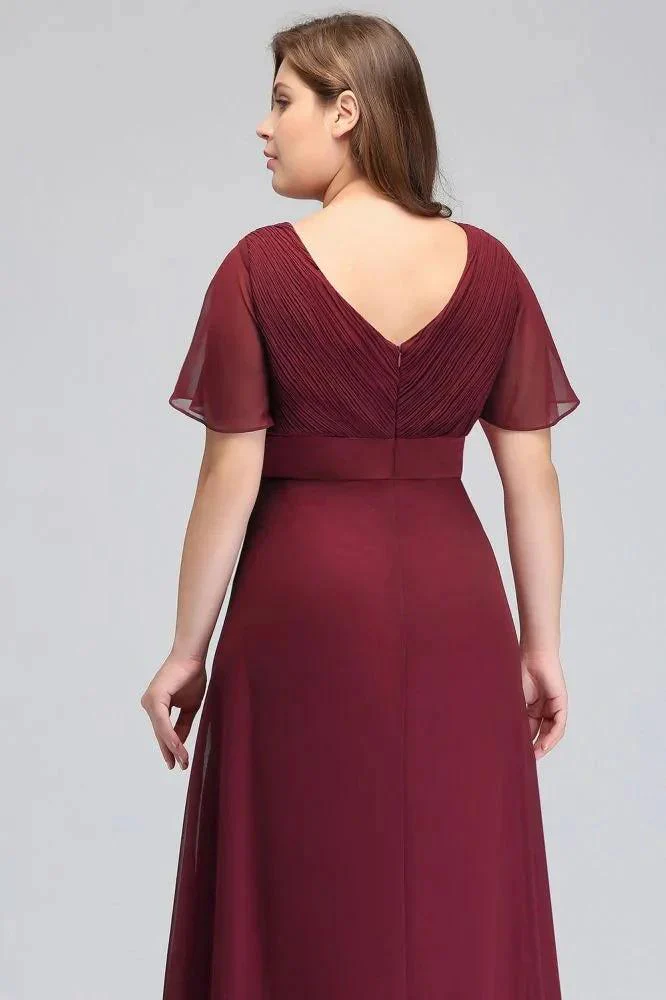 Plus size V-neck Mermaid Floor Length Short Sleeves Burgundy Evening Dresses with Sash - Image 4