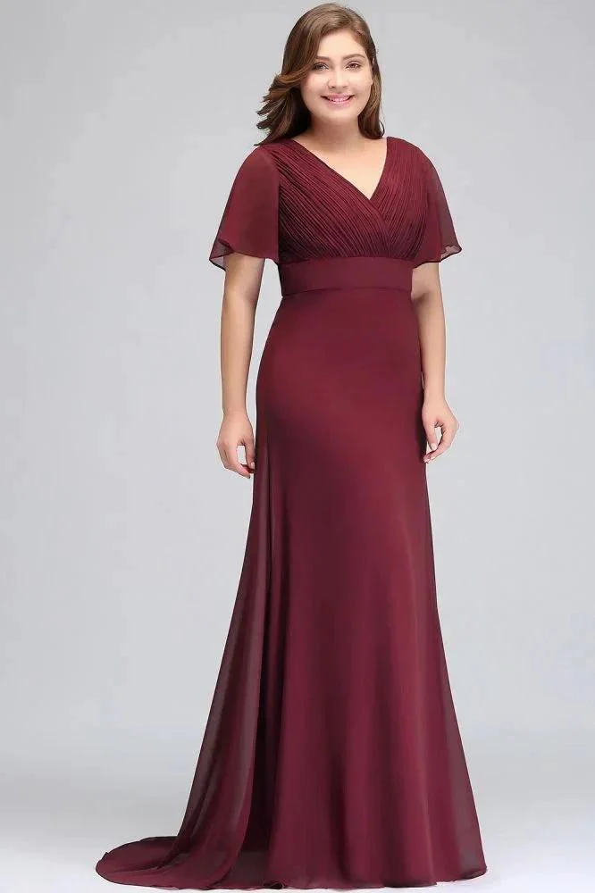 Plus size V-neck Mermaid Floor Length Short Sleeves Burgundy Evening Dresses with Sash - Image 5