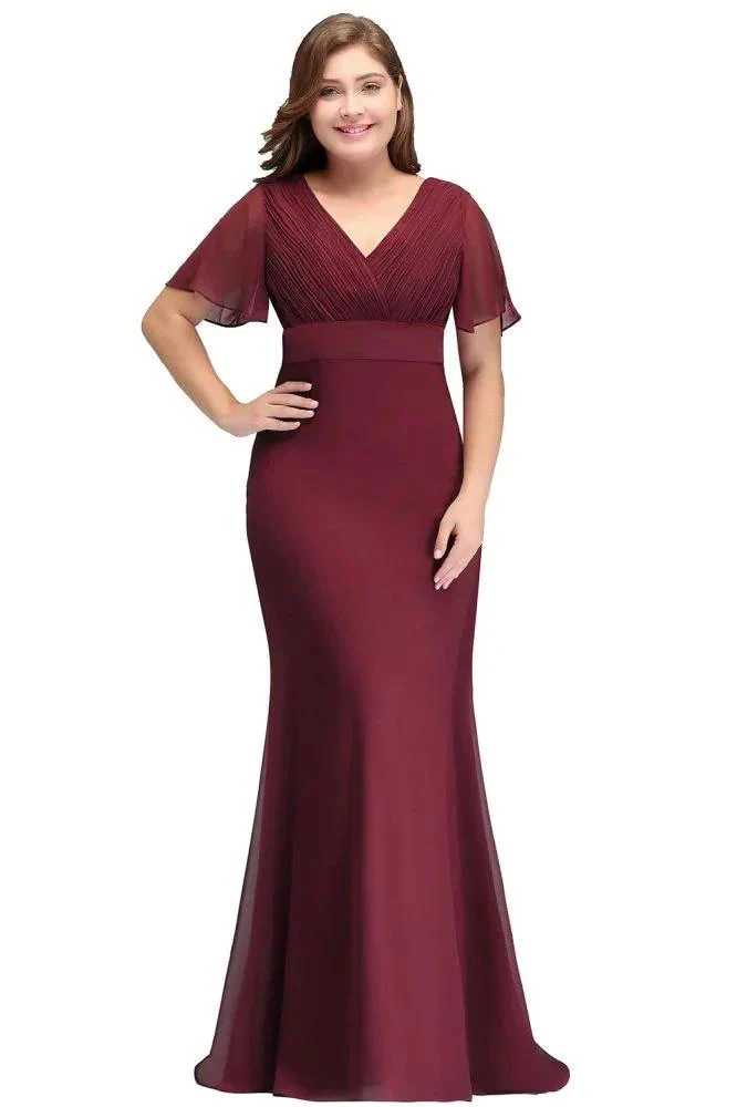Plus size V-neck Mermaid Floor Length Short Sleeves Burgundy Evening Dresses with Sash - Image 6