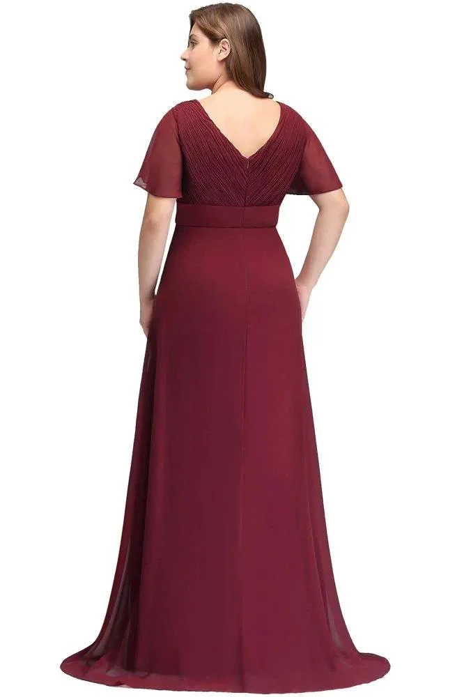 Plus size V-neck Mermaid Floor Length Short Sleeves Burgundy Evening Dresses with Sash - Image 7