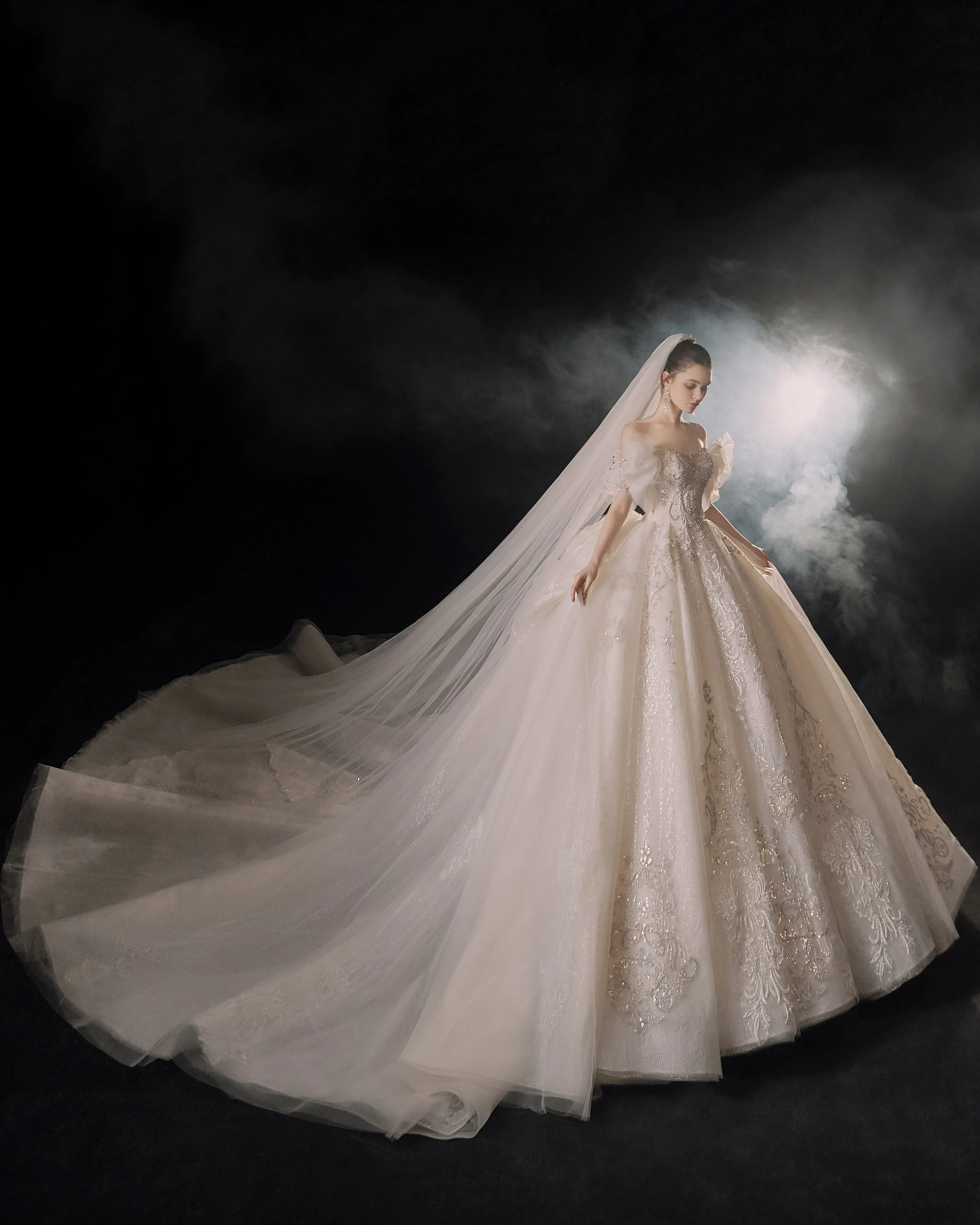 Elegant Off-the-Shoulder Ball Gown Sweetheart Neckline Tulle Puff Sleeve Beaded Lace Wedding Dress with Scalloped Train E-306 - Image 10
