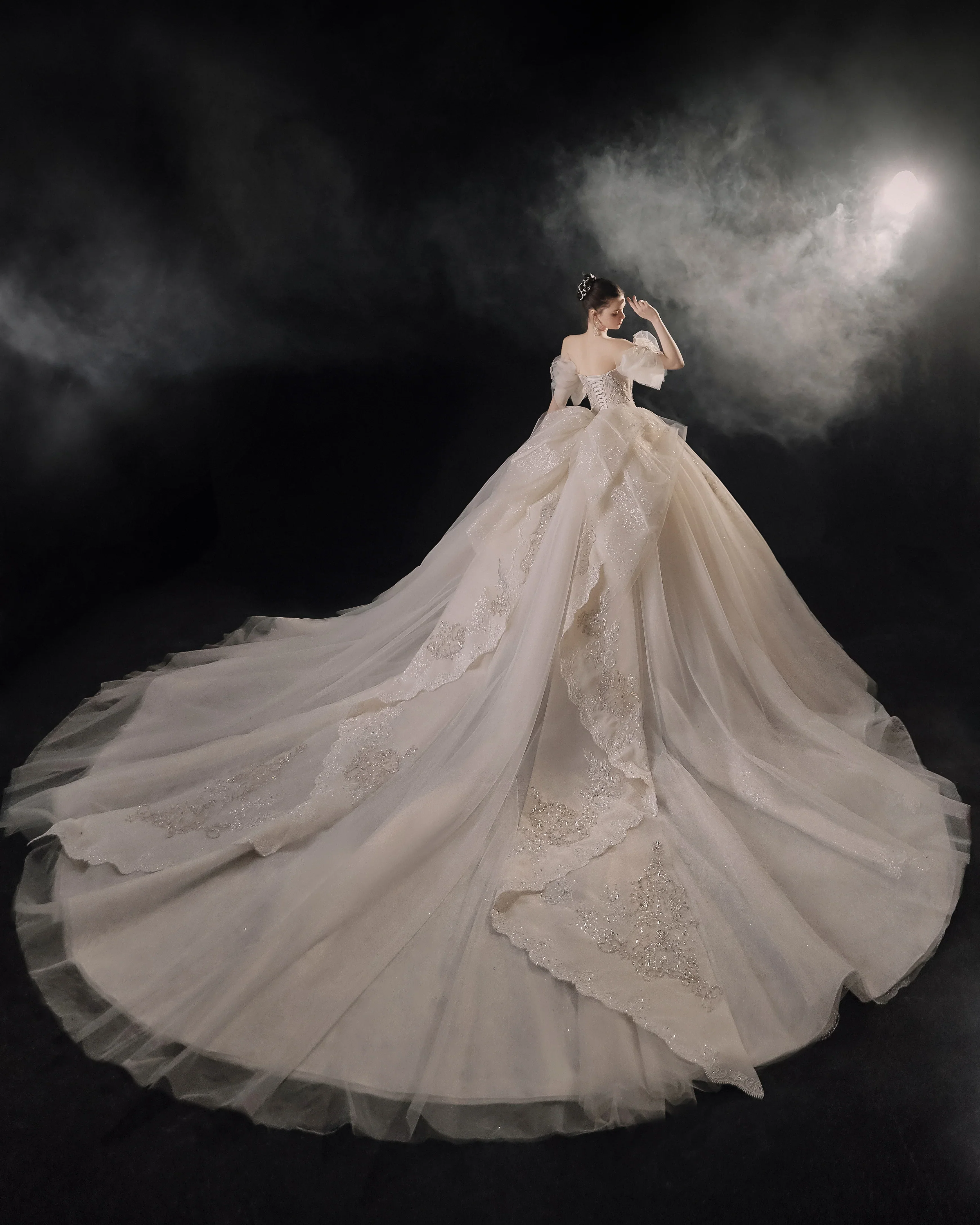 Elegant Off-the-Shoulder Ball Gown Sweetheart Neckline Tulle Puff Sleeve Beaded Lace Wedding Dress with Scalloped Train E-306 - Image 11