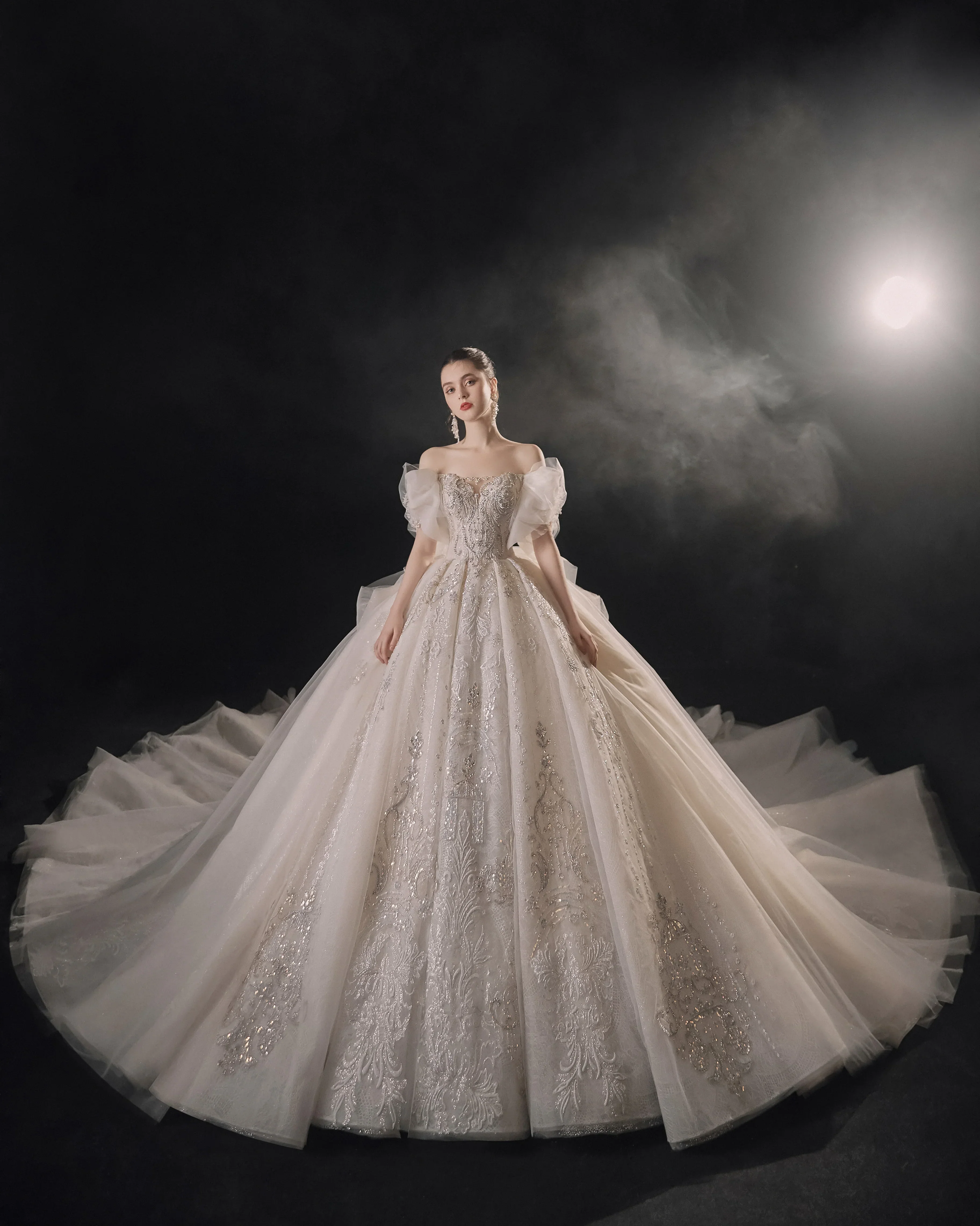 Elegant Off-the-Shoulder Ball Gown Sweetheart Neckline Tulle Puff Sleeve Beaded Lace Wedding Dress with Scalloped Train E-306 - Image 2
