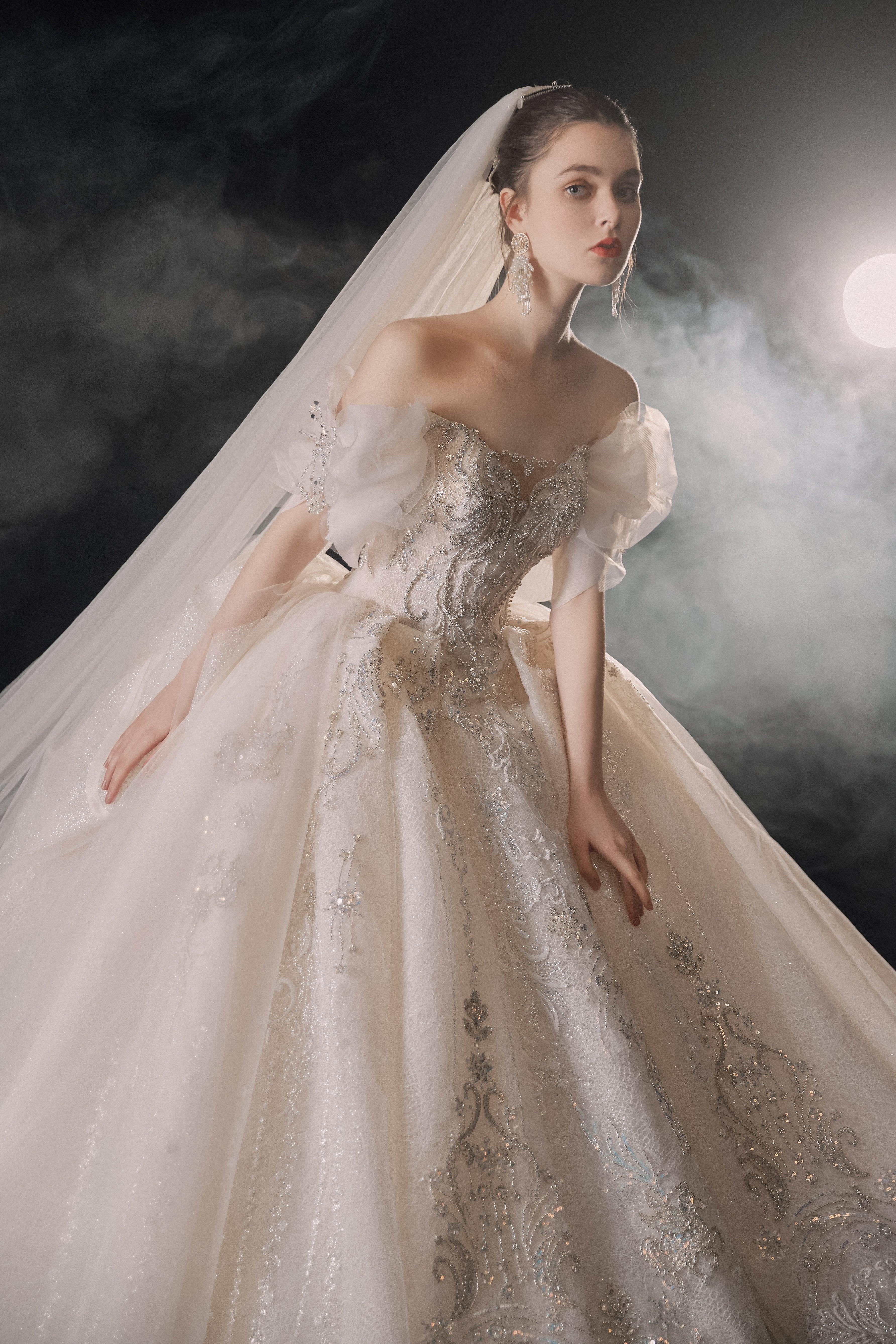 Elegant Off-the-Shoulder Ball Gown Sweetheart Neckline Tulle Puff Sleeve Beaded Lace Wedding Dress with Scalloped Train E-306 - Image 6